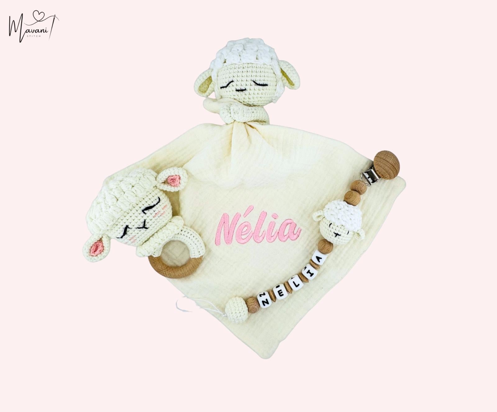 Schäfchenset mit Beissring und & Schnullerkette